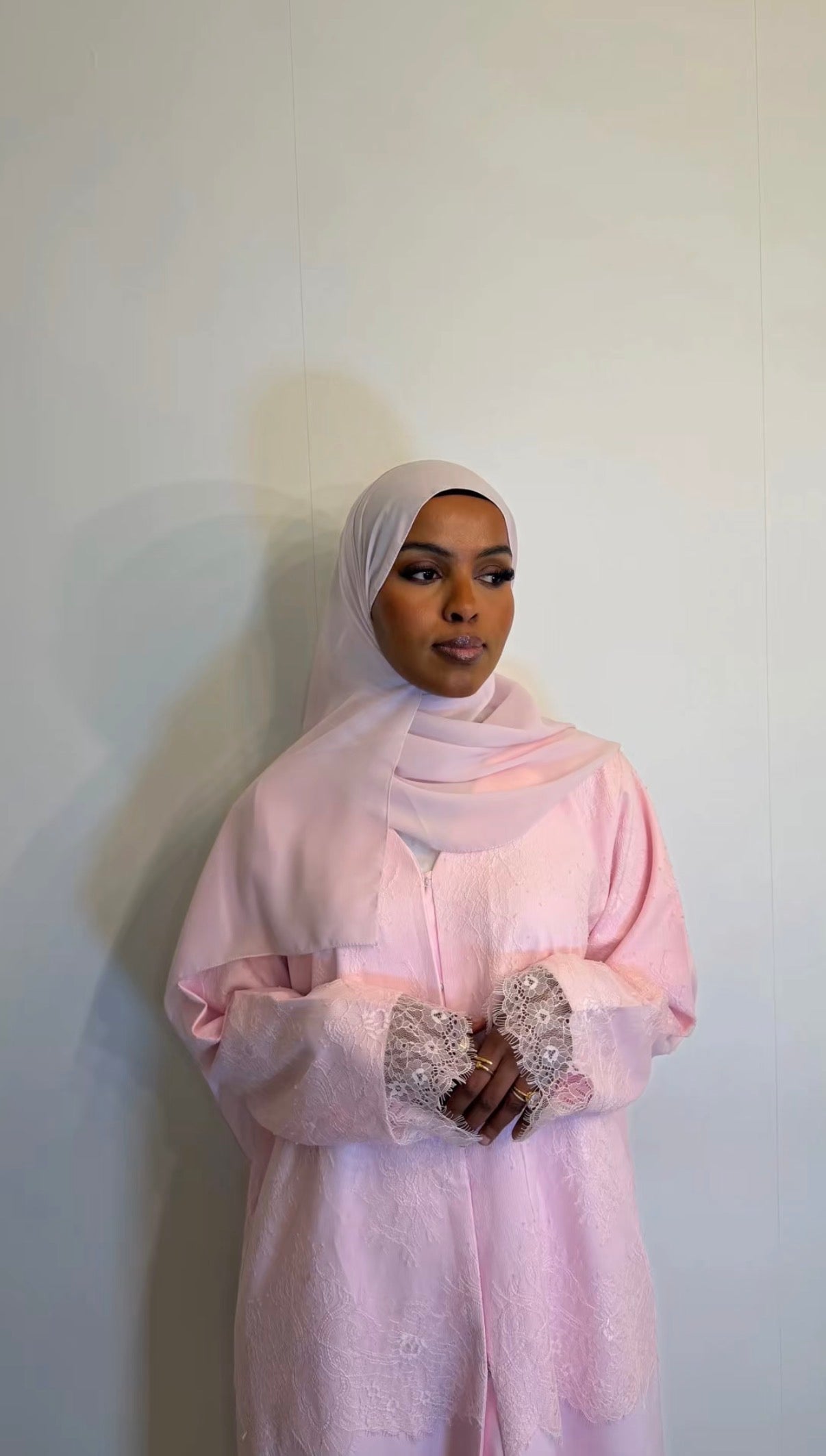 Light Pink Half-Body Lace Open Abaya