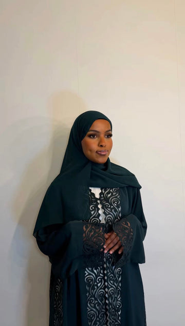 Aquamarine Dark Green Lace Open Abaya