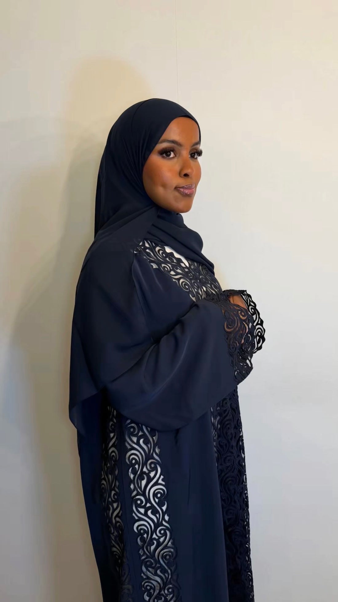 Navy Blue Lace Open Abaya